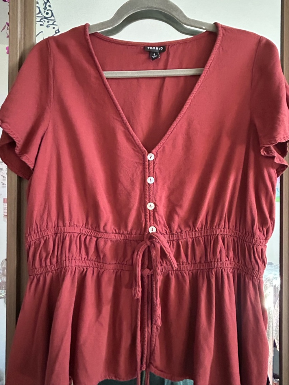 torrid rust red V-neck Button Front Peplum Tie-Waist Top